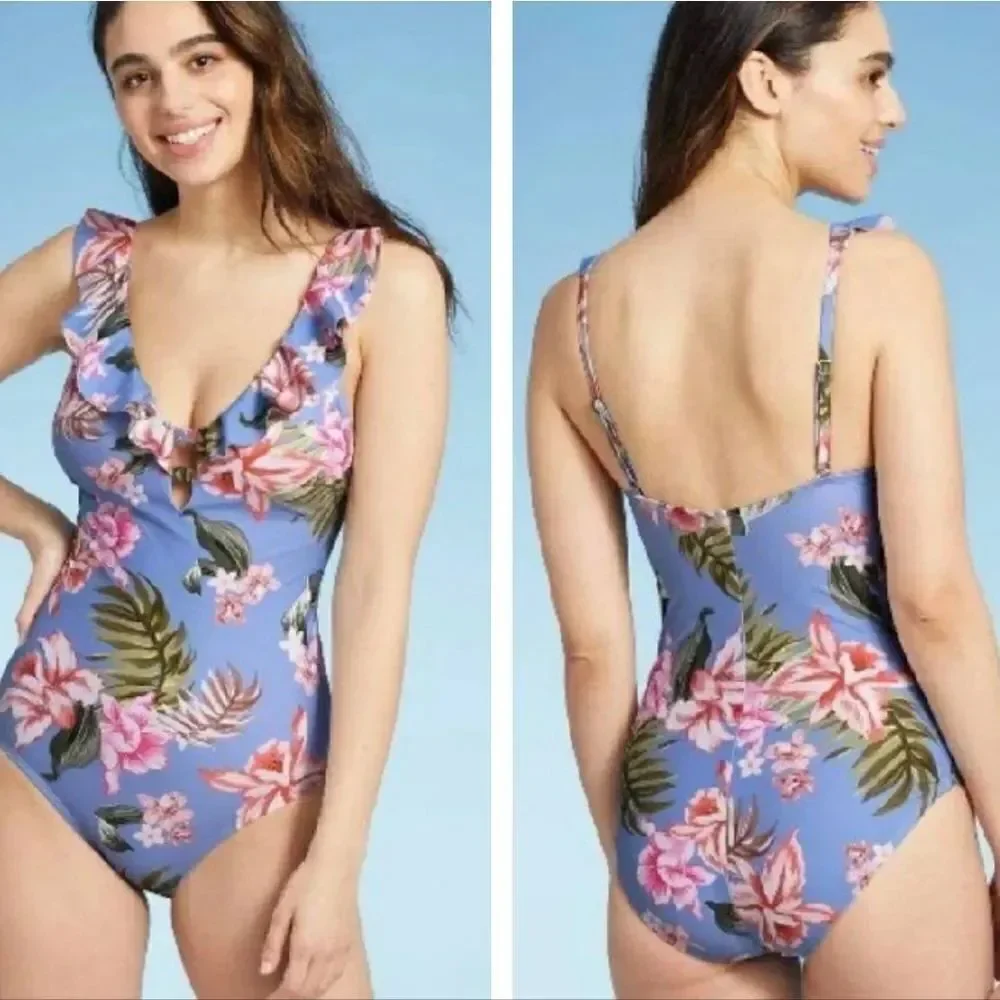 EUC Kona Sol Blue Floral Ruffle One Piece Swimsuit